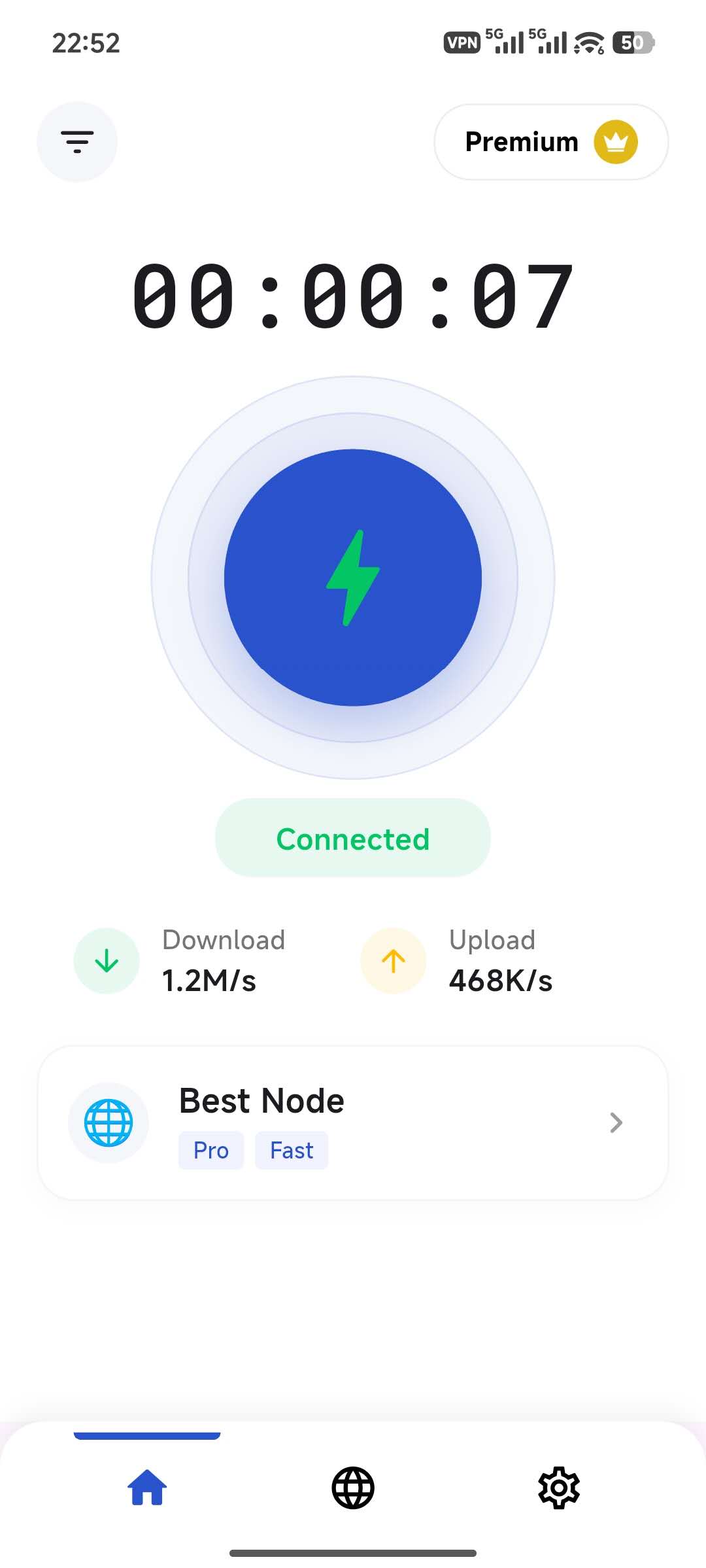MetaVPN app showing a connected, encrypted session with live speed.